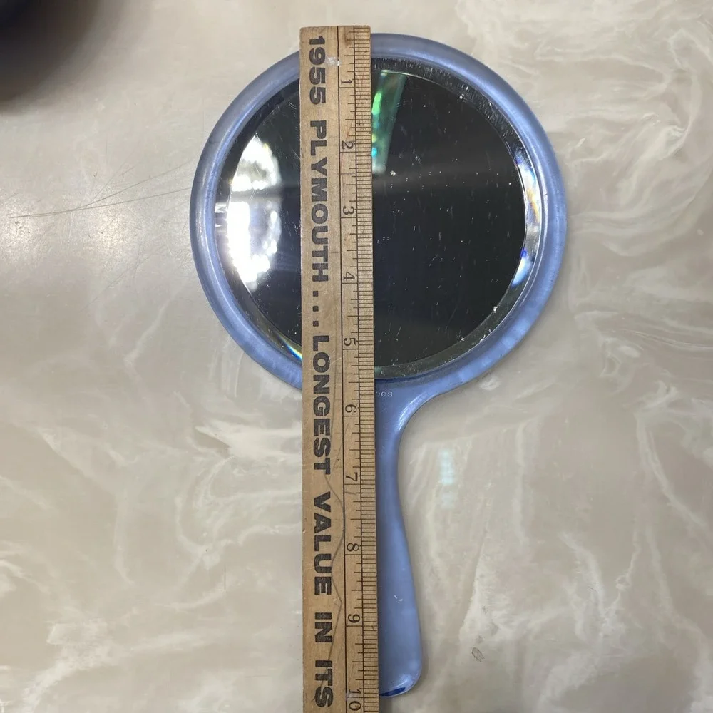 Vtg Lucite? Blue HUGHES Double Sided Hand Mirror Regular & Magnifying Not Goody
